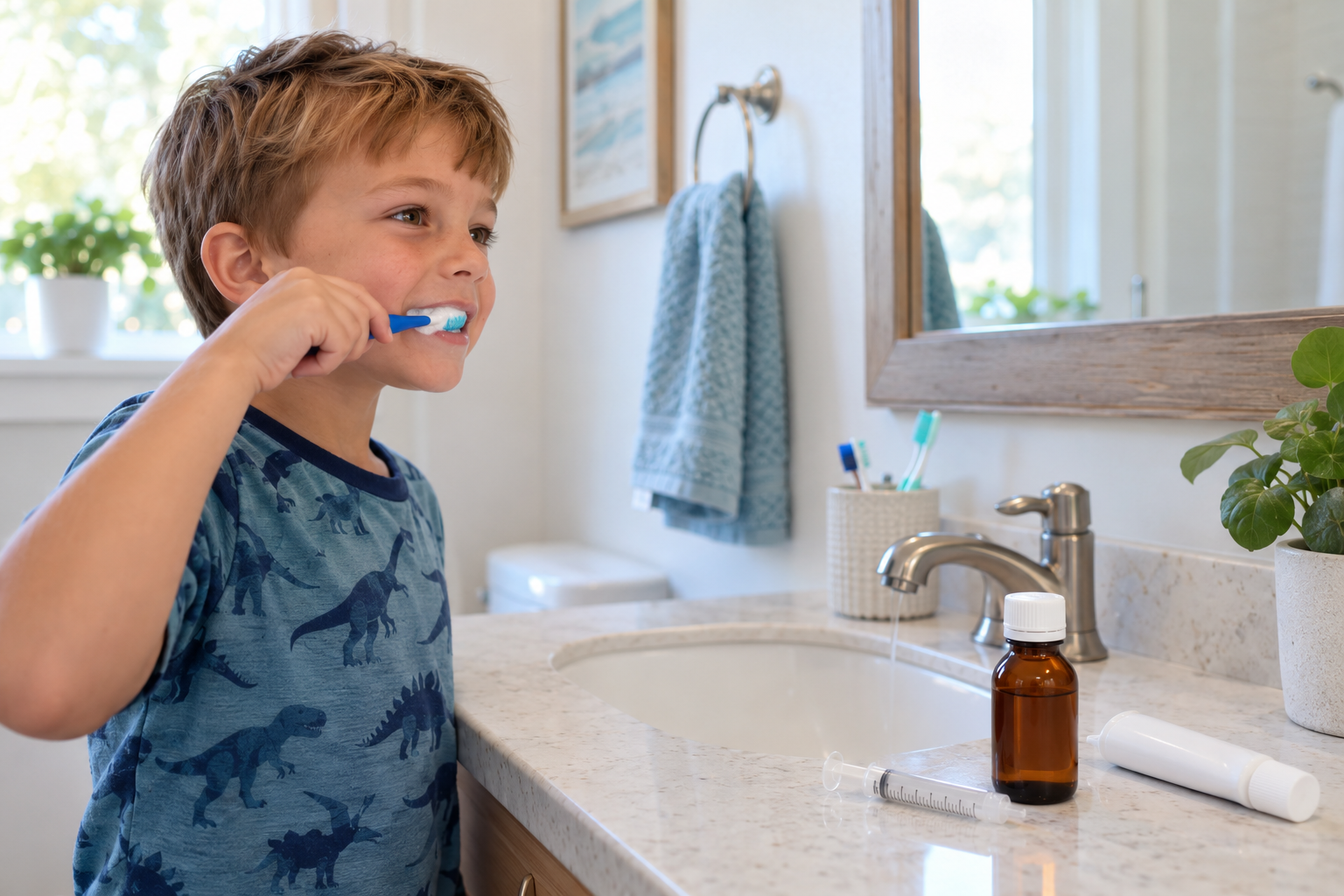 A young child brushes his teeth beside an unbranded liquid medicine bottle and oral dosing syringe.