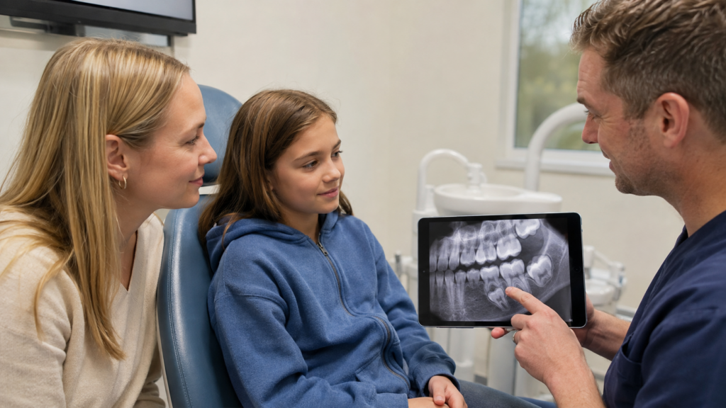 Dentist reviewing a baby tooth X-ray with a child and parent during a pediatric dental consultation.