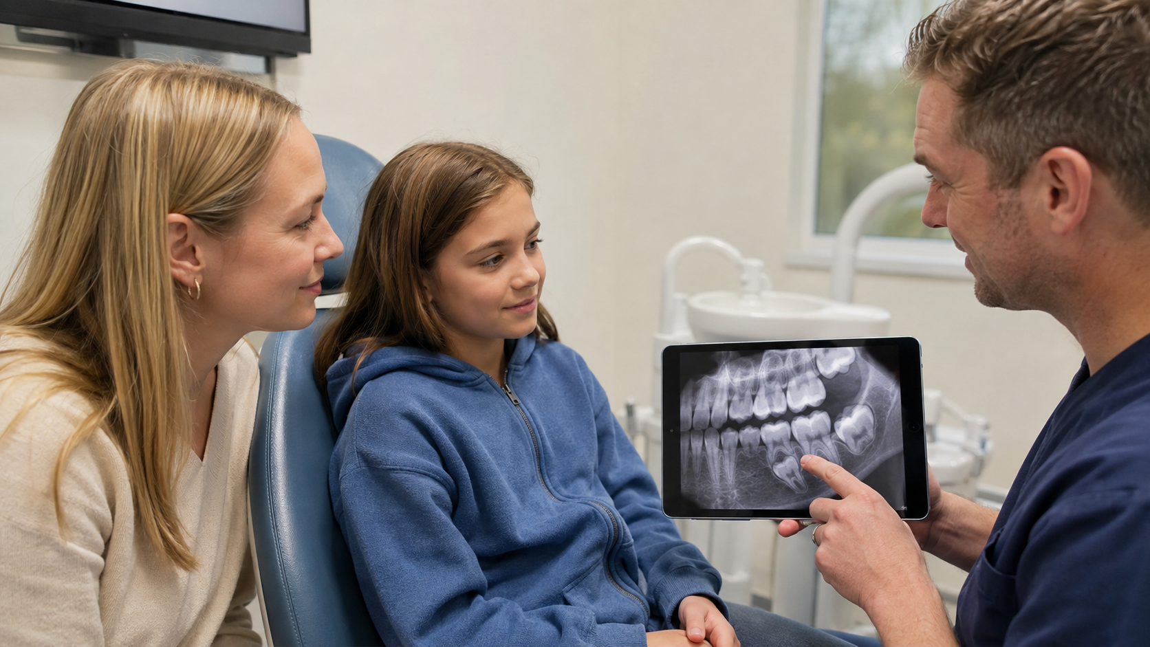 Dentist reviewing a baby tooth X-ray with a child and parent during a pediatric dental consultation.