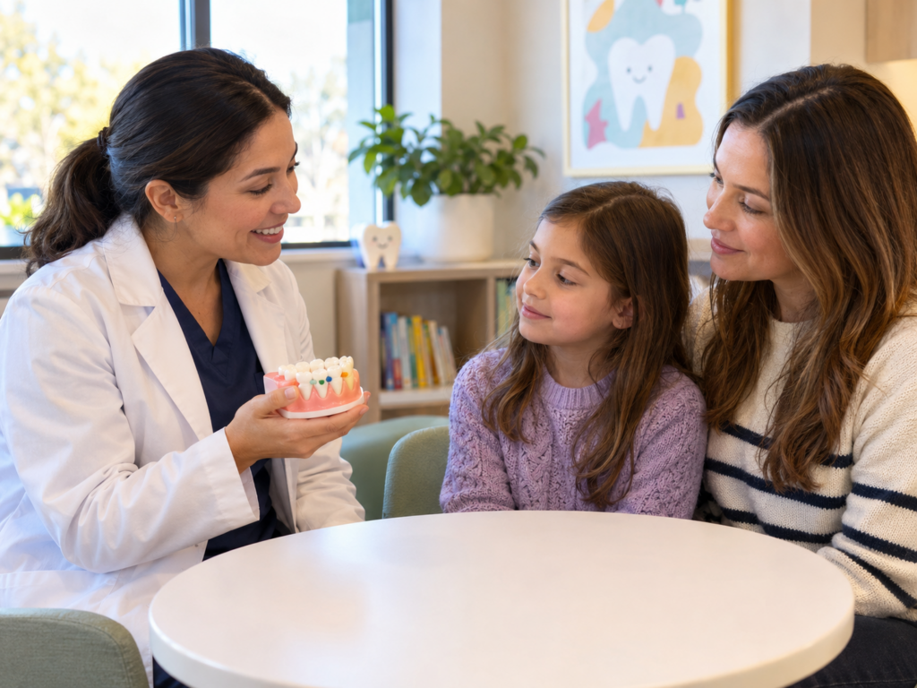Dentist reviews a dental model with several marked teeth while a parent and child listen during a relaxed consultation.
